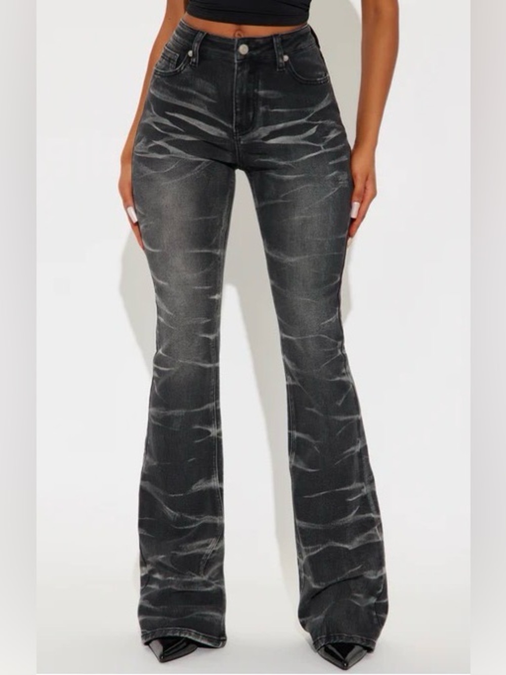 High-Rise Black Washed Wide Leg Stretch Flare Jeans